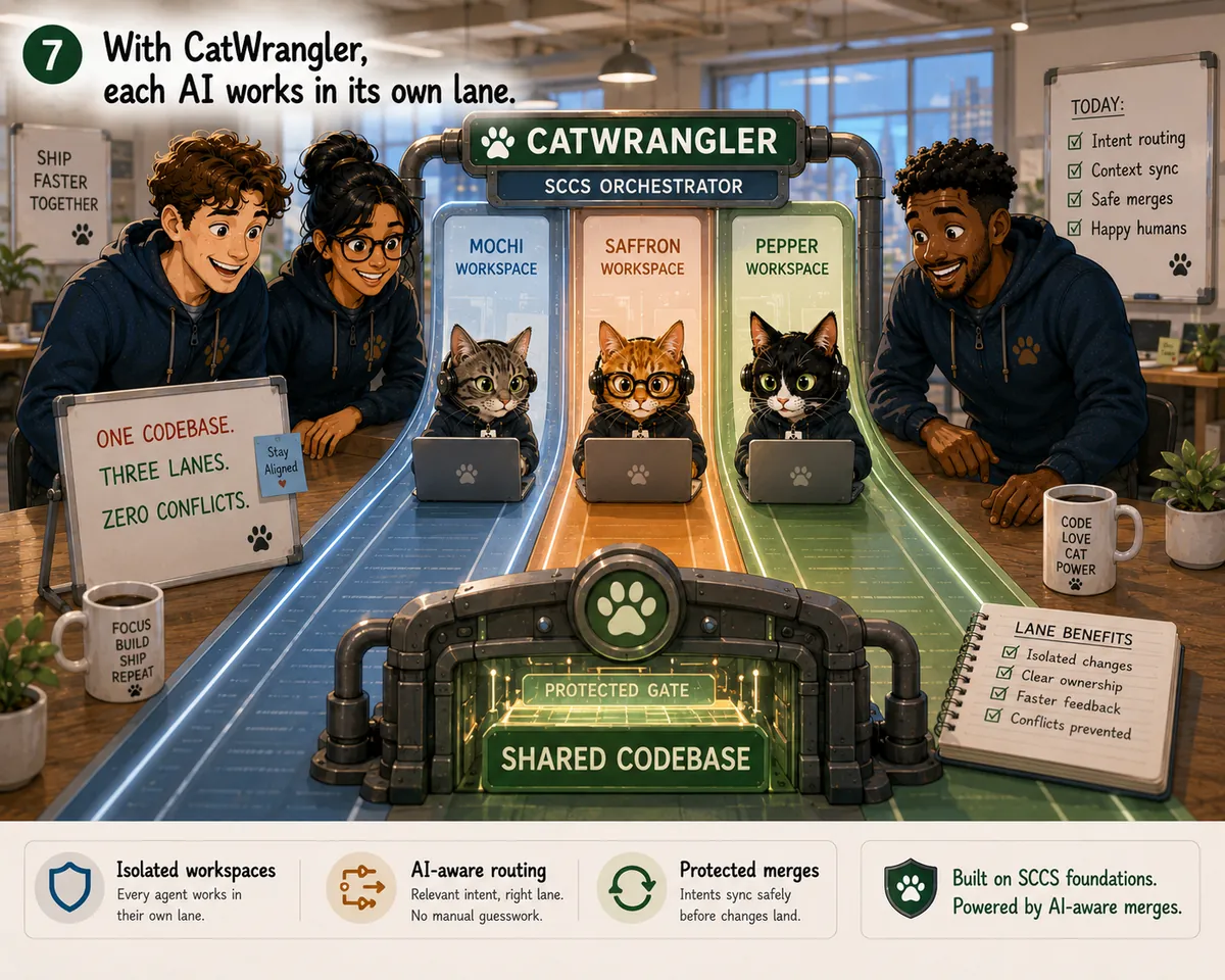 With CatWrangler, each AI works in its own glowing lane — Mochi, Saffron and Pepper workspaces — all feeding through a protected gate into the shared codebase. One codebase, three lanes, zero conflicts.