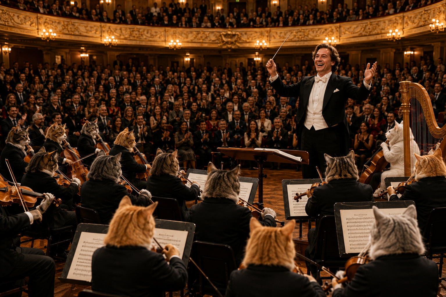 A smiling human conductor at a three-quarter angle, leading an orchestra of tuxedo-wearing cats before a standing ovation