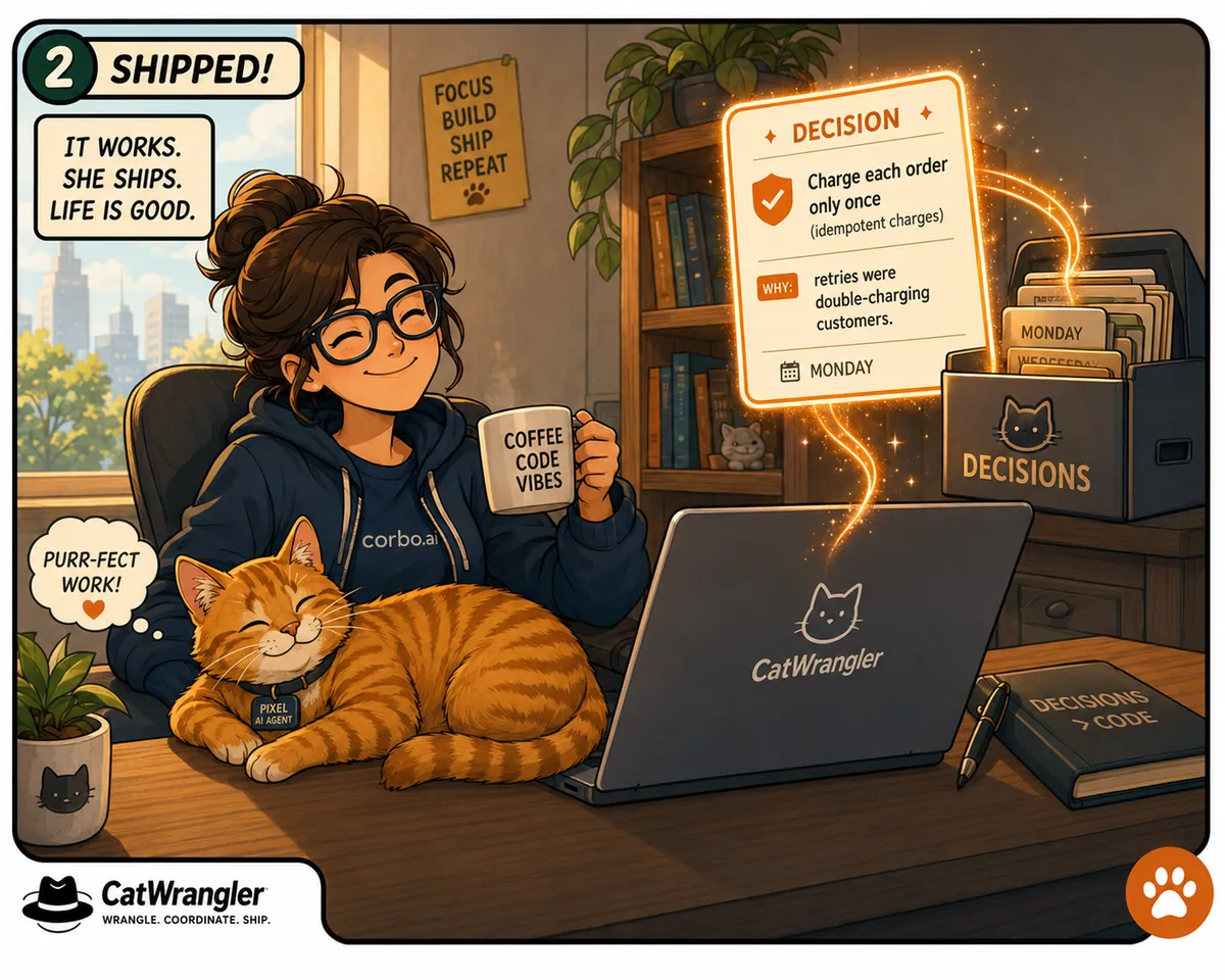 It works. Maya ships and relaxes with coffee, Pixel asleep. The Monday decision files itself onto a glowing ember thread of past decisions.