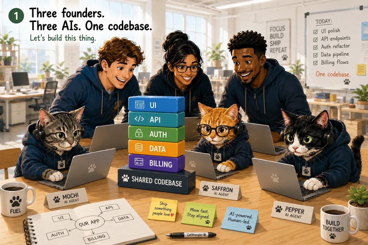 Three founders — Sam, Priya and Theo — each with their own AI cat (Mochi, Saffron, Pepper) around one shared codebase tower: UI, API, Auth, Data, Billing. Let's build this thing.