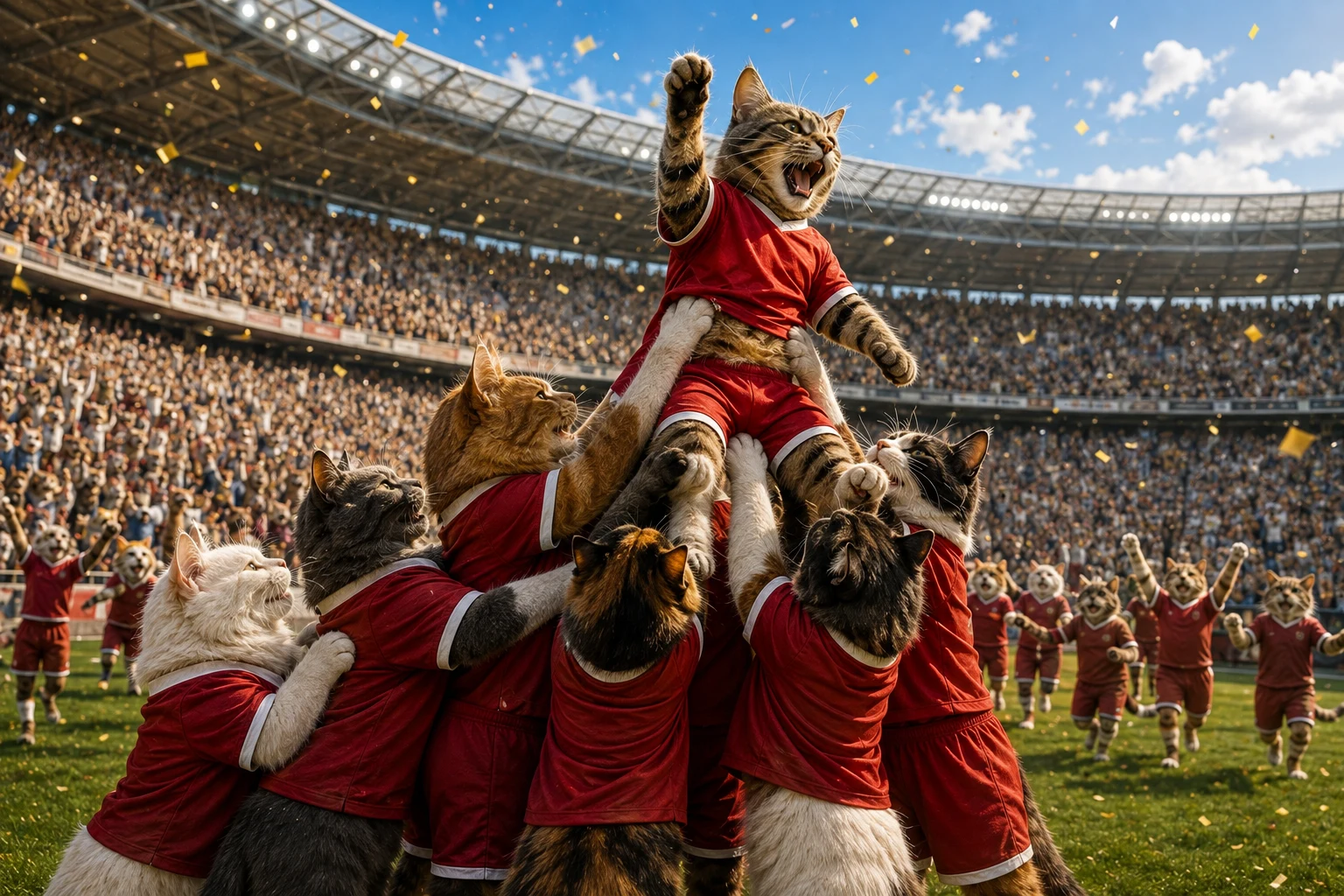 A championship cat soccer team in red lifting a teammate above a packed stadium of cheering cats