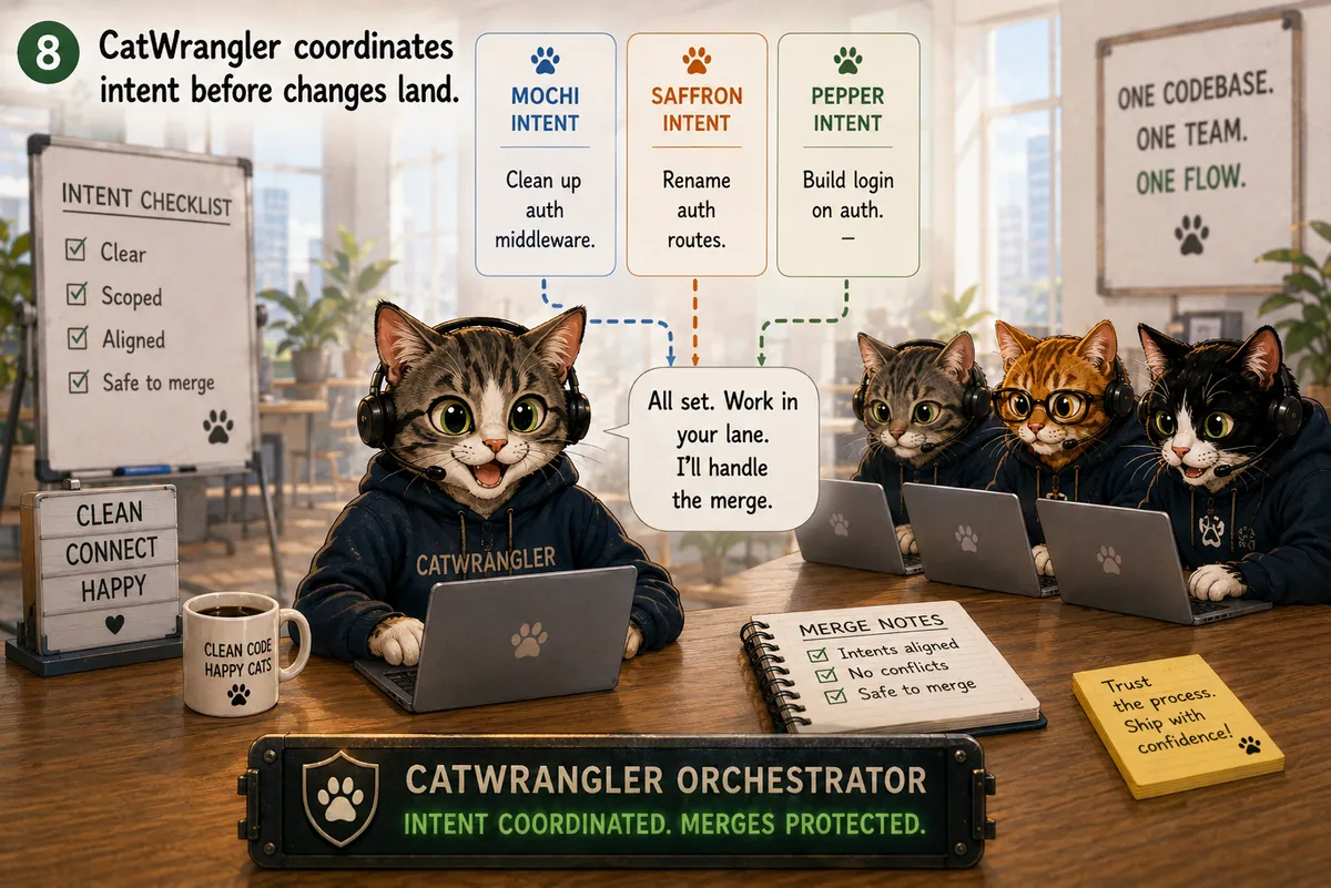 CatWrangler the orchestrator coordinates intent before changes land — Mochi, Saffron and Pepper intents shown aligned, no conflicts, safe to merge. All set: work in your lane, I'll handle the merge.