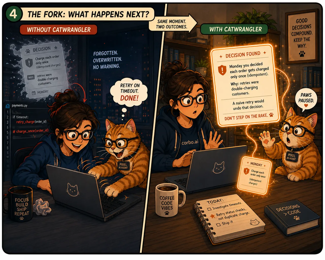 The fork — same moment, two outcomes. Without CatWrangler: the existing charge-once code is silently overwritten by retry code, no warning. With CatWrangler: before any code is written, a Decision Card surfaces, linked to Monday's — you decided each order is charged only once because retries were double-charging; a naive retry would undo that. Pixel pauses, paws up.