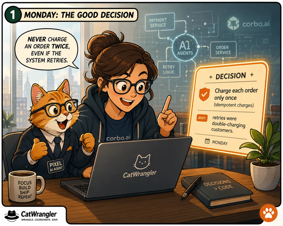 Monday. Maya tells her AI, an orange tabby named Pixel: never charge an order twice, even if the system retries. A Decision Card records the rule — charge each order only once (idempotent charges) — because retries were double-charging customers.