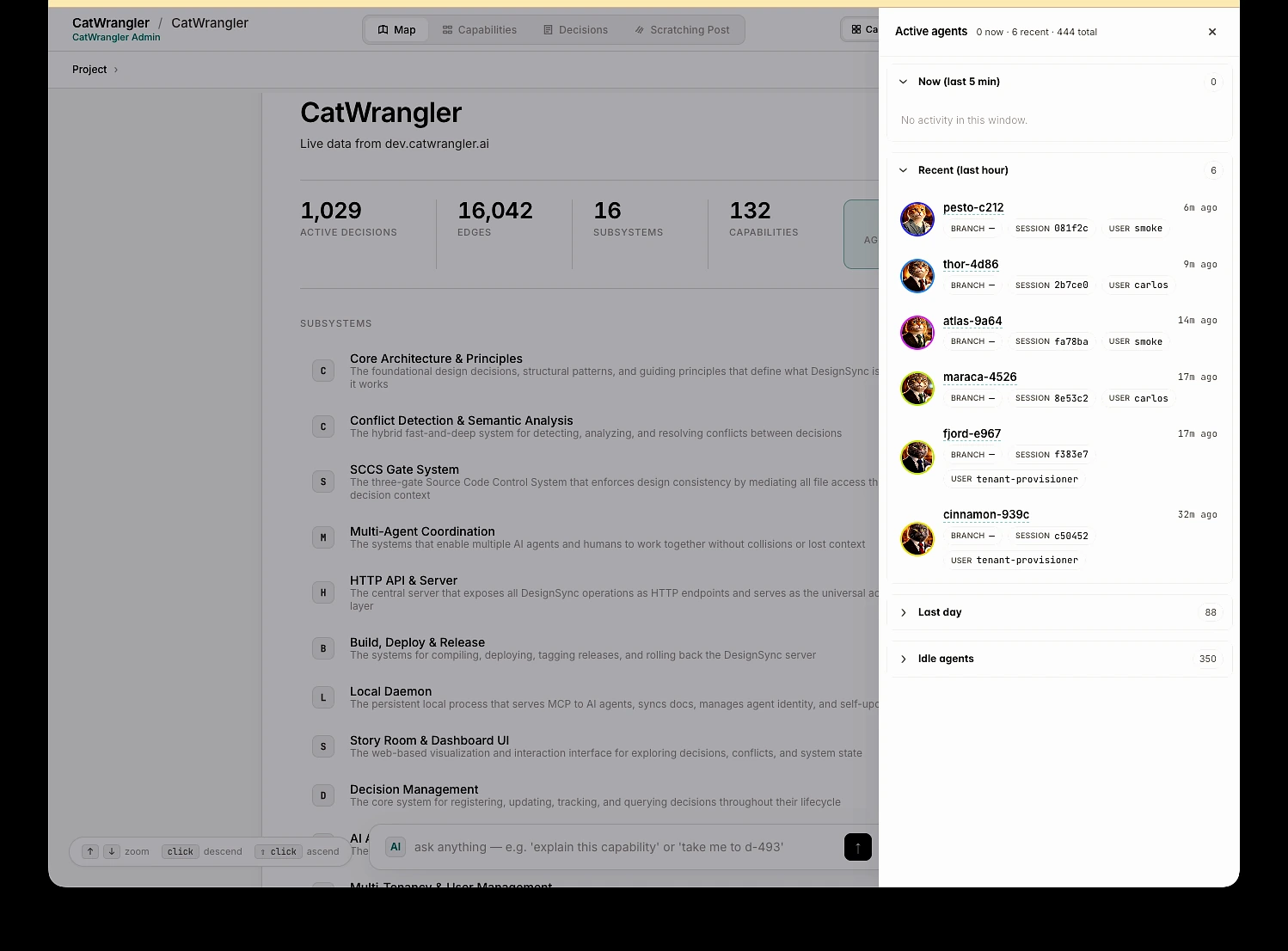 CatWrangler's live agent tray — multiple AI agents working the same codebase at once, each in its own branch and session.