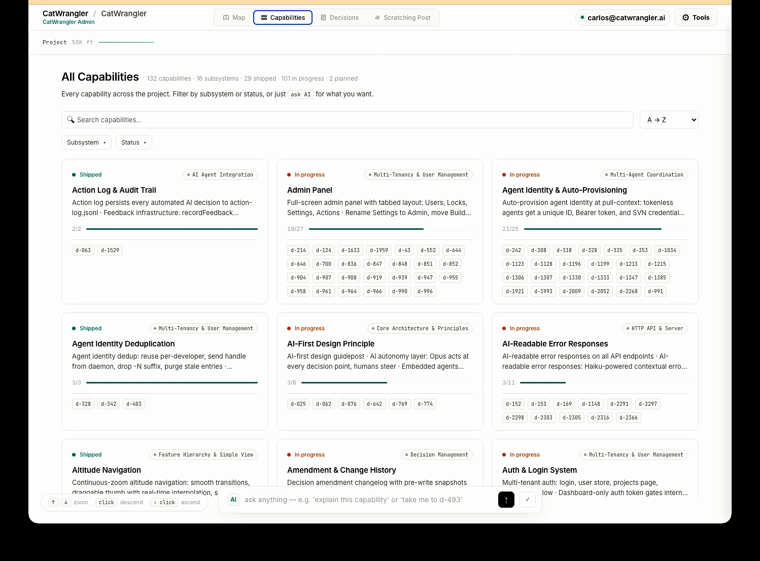 CatWrangler's capabilities board — every shipped, in-progress, and planned capability across the platform, each tracked with its status.