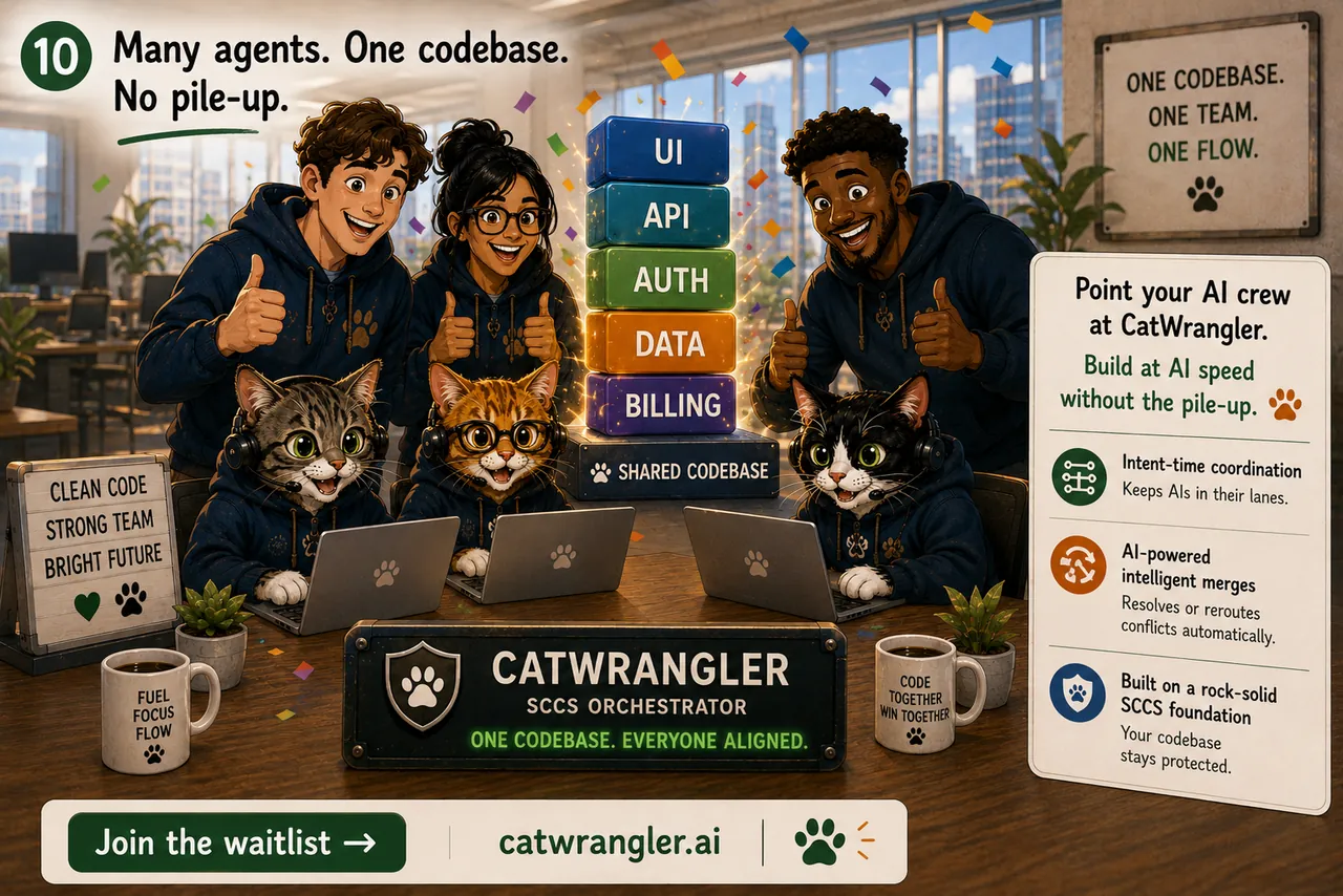Many agents, one codebase, no pile-up. The three founders and their cats celebrate beside a clean, complete codebase tower. Point your AI crew at CatWrangler — build at AI speed without the pile-up. Join the waitlist.