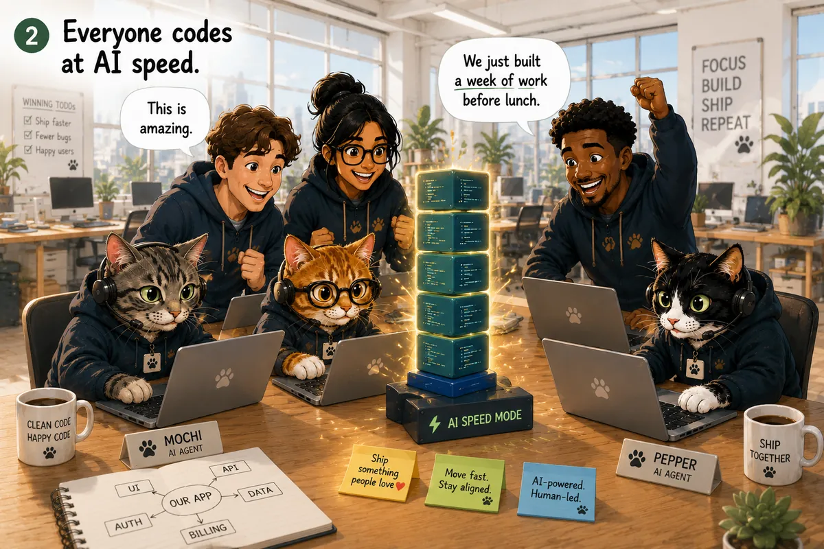 All three AI cats type furiously in AI speed mode; the shared codebase tower grows fast. We just built a week of work before lunch.