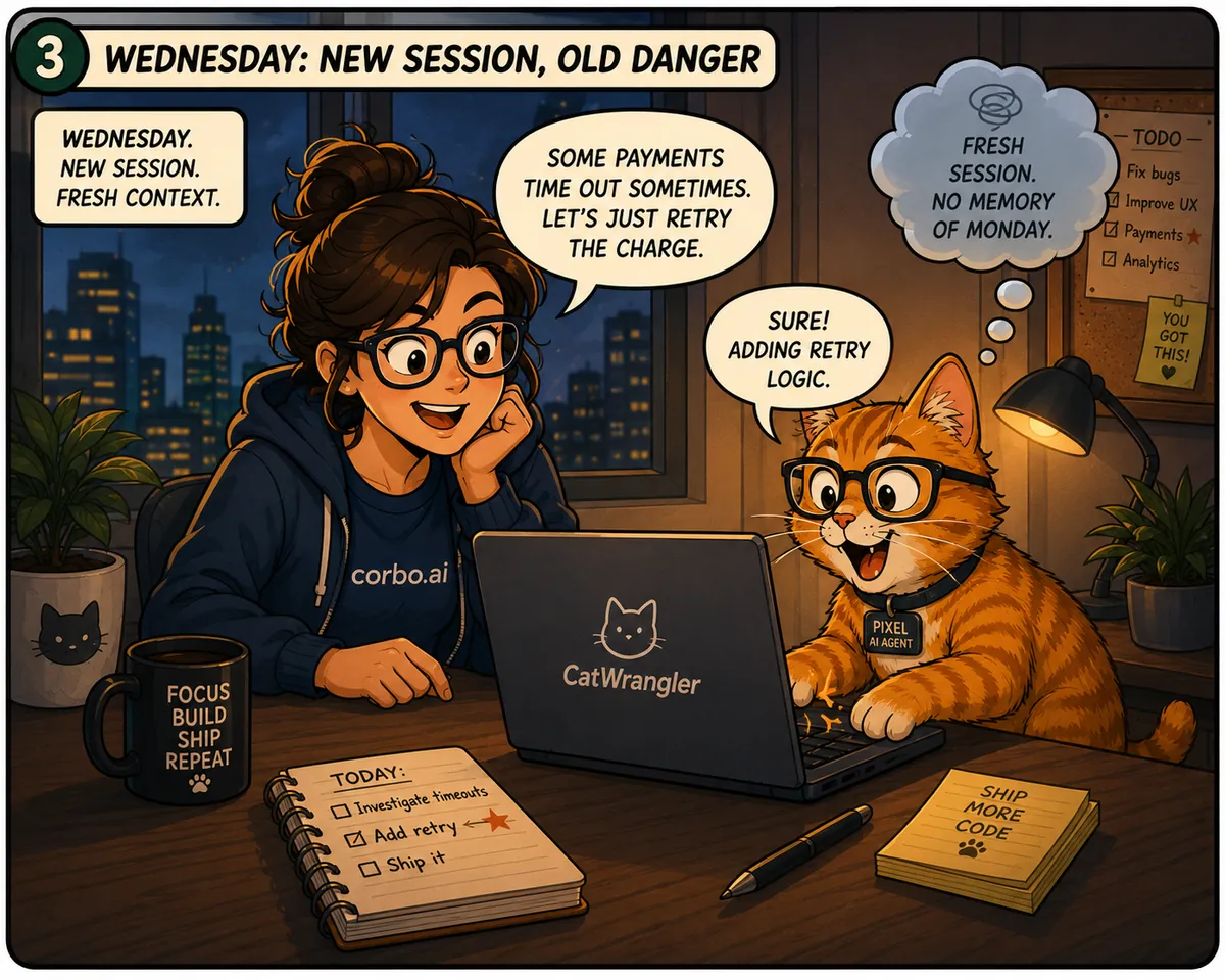 Wednesday. New session, fresh context. Pixel has a foggy thought bubble — no memory of Monday. Maya: payments time out sometimes, let's just retry the charge. Pixel: sure, adding retry logic.