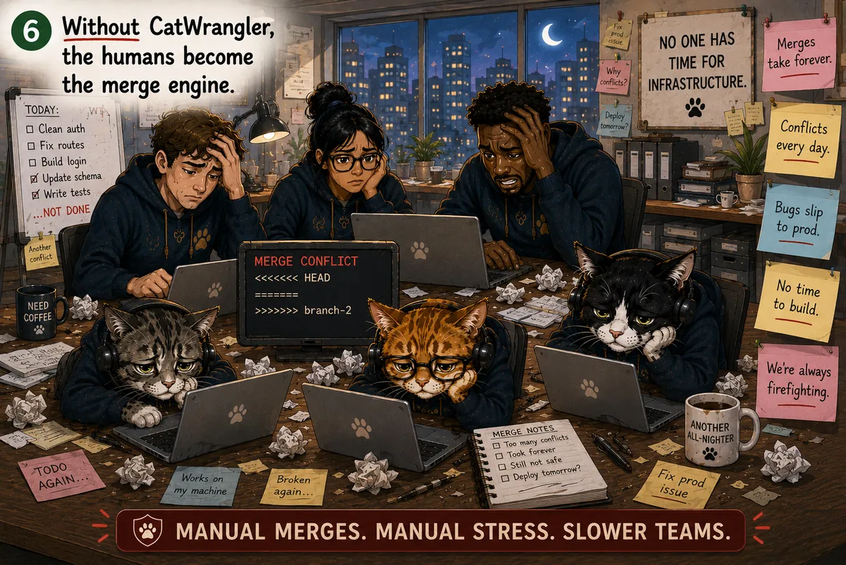 Without CatWrangler, the humans become the merge engine — three exhausted founders stuck hand-resolving a merge conflict late at night while their cats droop over the laptops. Manual merges, manual stress, slower teams.