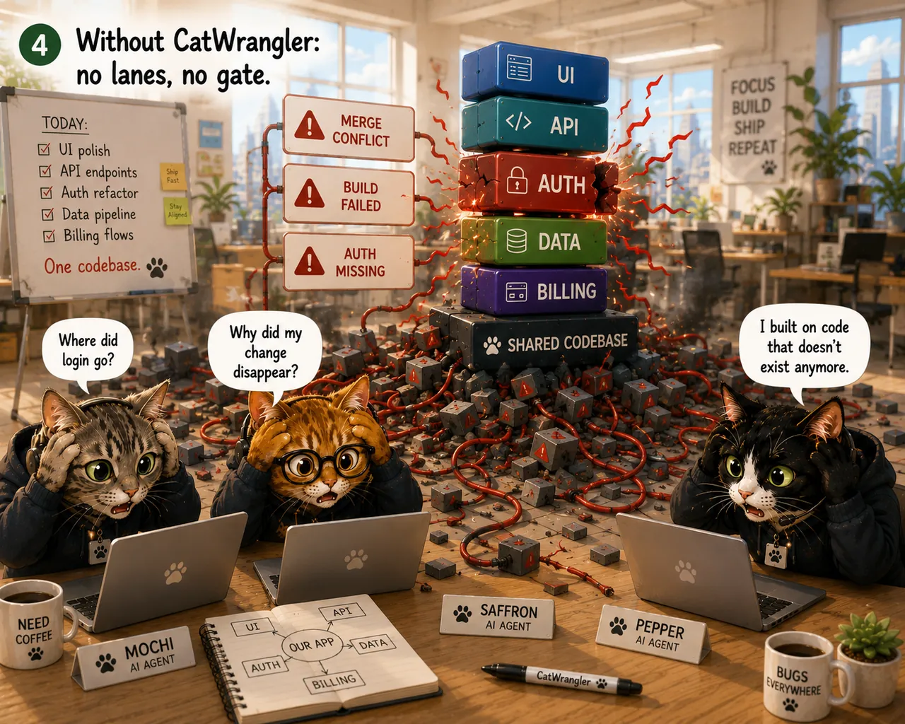 Without CatWrangler: no lanes, no gate. The tower collapses into rubble and red threads. Merge conflict, build failed, auth missing. Where did my login go? Why did my change disappear? I built on code that doesn't exist anymore.