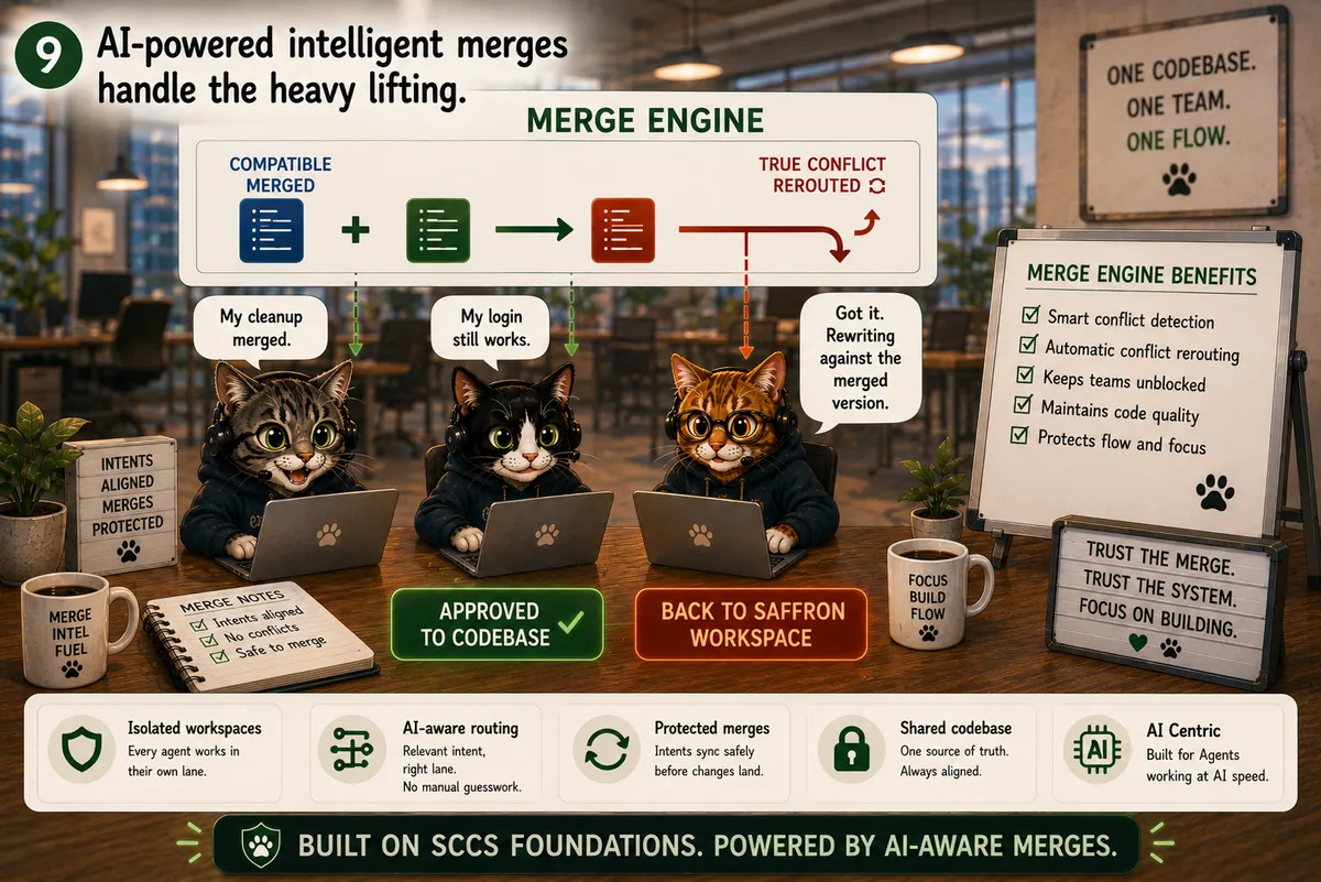 AI-powered intelligent merges handle the heavy lifting. A merge engine diagram: compatible work merged automatically and approved to the codebase; a true conflict rerouted back to Saffron's workspace to rework against the merged version.