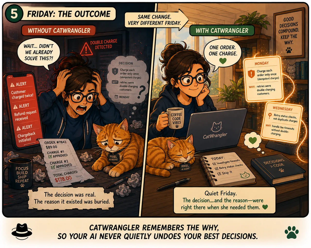 Friday. Without CatWrangler: a customer is charged twice, chargebacks, alerts everywhere — the decision was real but the reason was buried. With CatWrangler: one order, one charge, a quiet Friday — the decision and its reason were right there when she needed them.